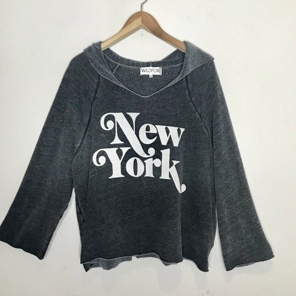 Wildfox Tops - Wild Fox Womens Large New York Long Sleeve Hoodie Pullover Top Gray Oversized